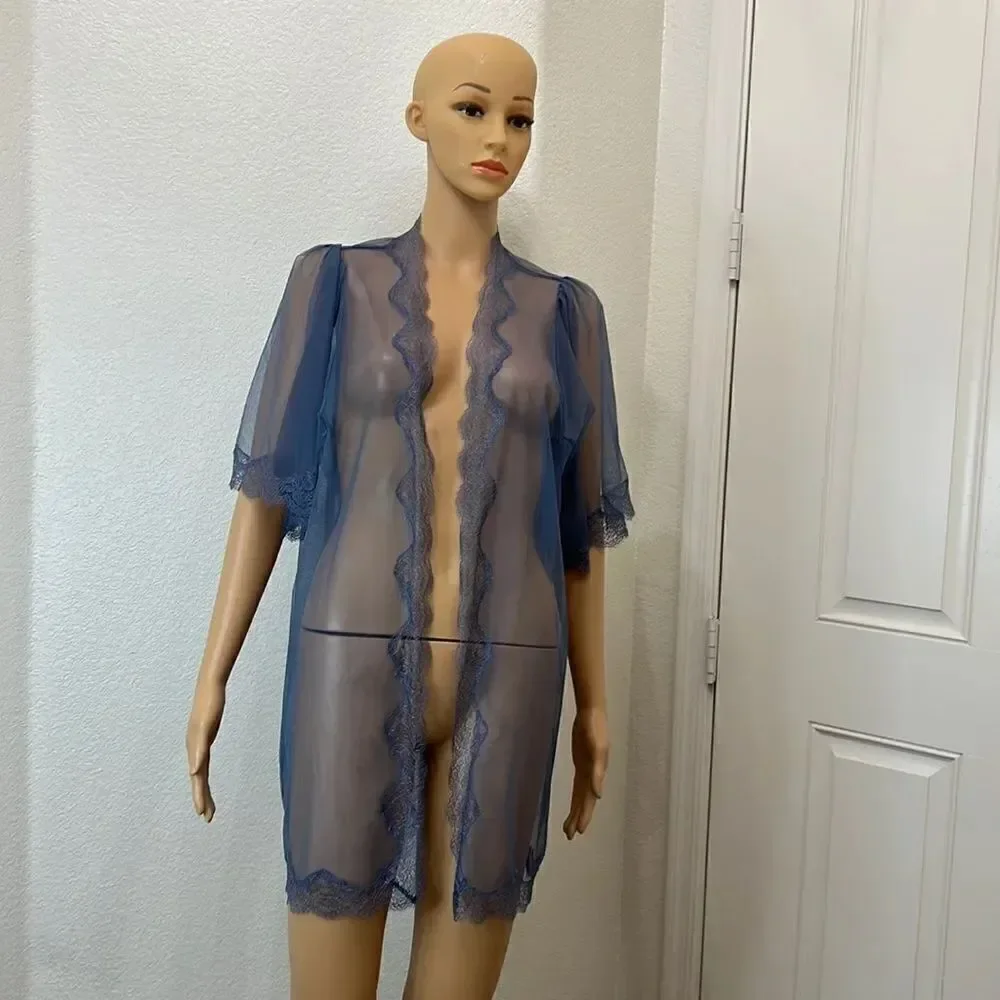 Victoria’s Secret Night Gown Sexy Intimate Robe Wrap Size XS/S Blue Sheer Lace